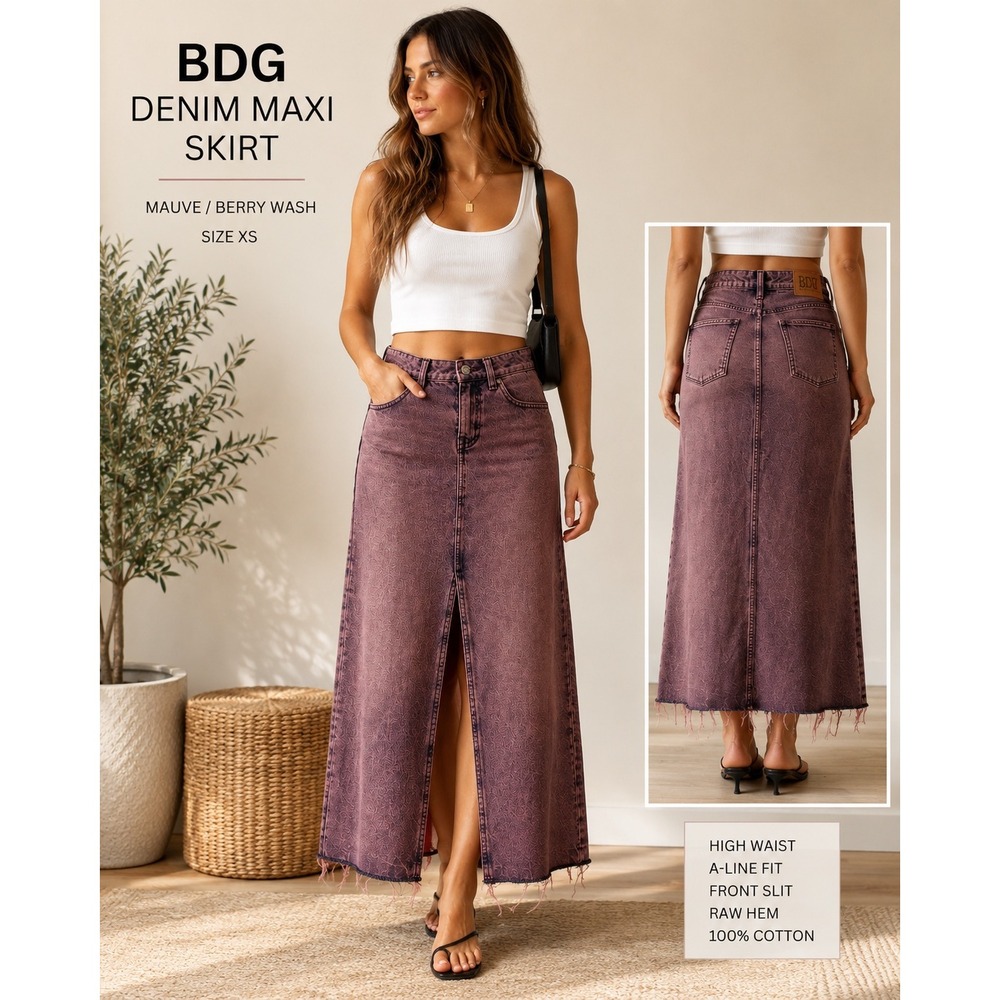 BDG Denim Maxi Skirt Mauve Berry Wash High Waist Front Slit Raw Hem XS